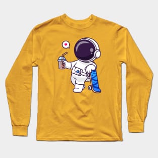 Cute Astronaut Drink Boba Milk Tea With Skateboard Cartoon Long Sleeve T-Shirt